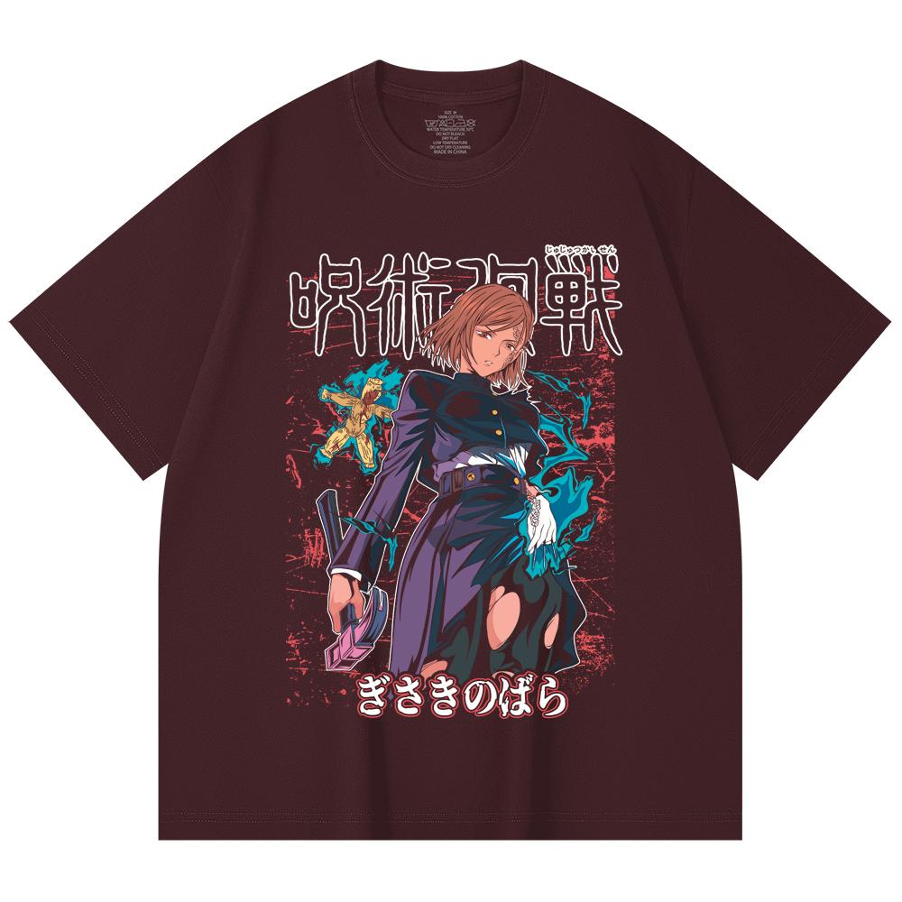 

230 Gsm 100% Cotton Jujutsu Kaisen V37 Nobara Print Unisex Heavy Cotton T Shirt 2XL вина червоного кольору