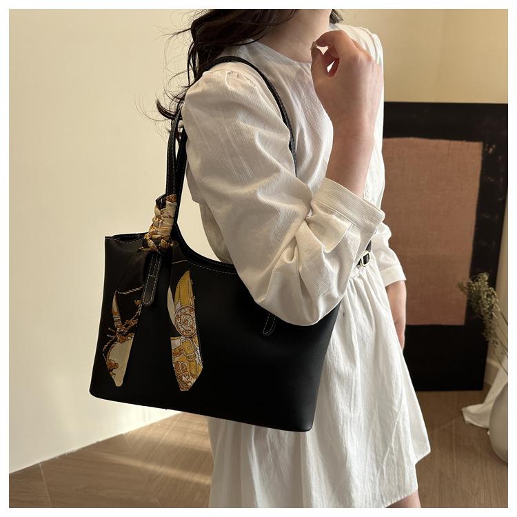 Chic Silk Scarf Handle Tote Bag for Women Stylish Bucket Shoulder Handbag