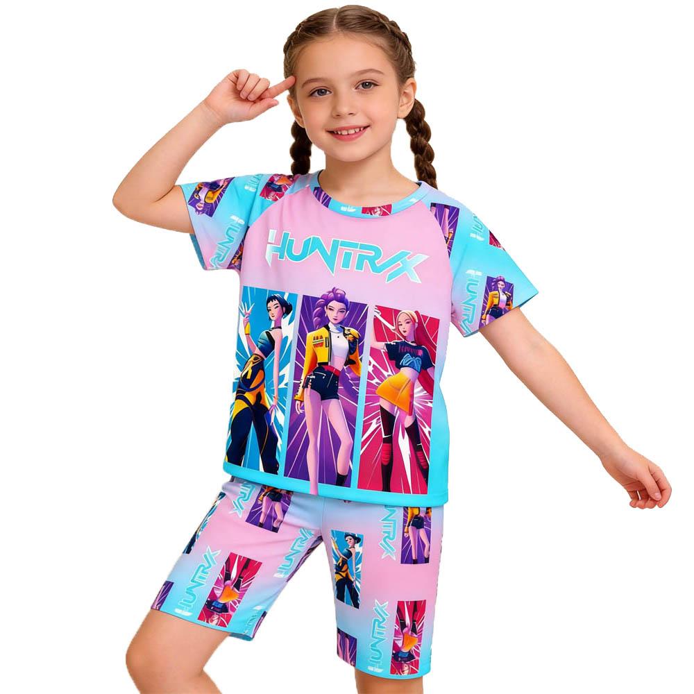 Fashion Fun Cartoon Devil Hunter Print Kids T-shirt and Shorts 2 Piece Set Summer Casual Outdoor Boy's and Girl's Outfit Set