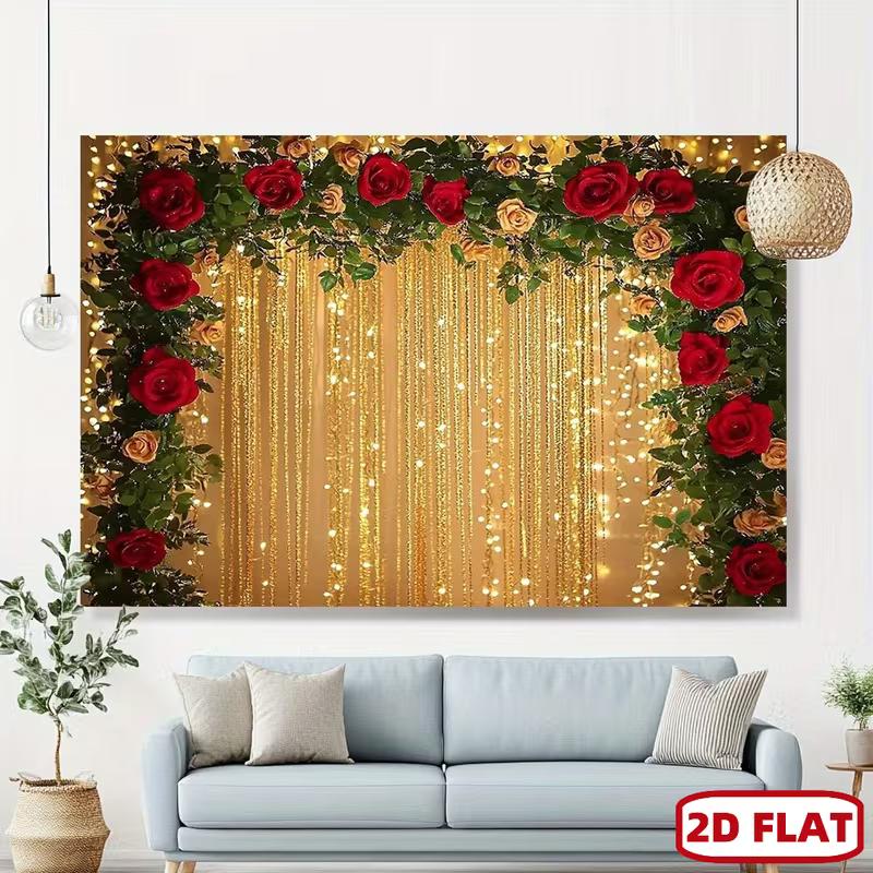 Fundo de Rosa Vermelha e Dourada Elegante 2D, Banner de Impressão Plana 2D para Chá de Panela & Sessão de Fotos