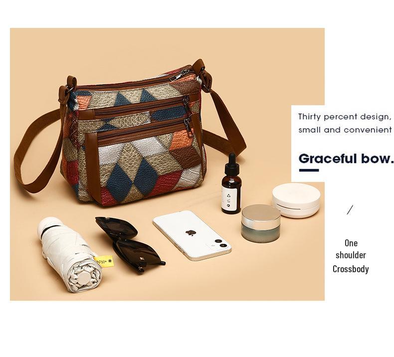 Women's Large Capacity Soft Leather Patchwork Crossbody Bag - Retro Multi-pocket Shoulder Bag for Work & Commute.