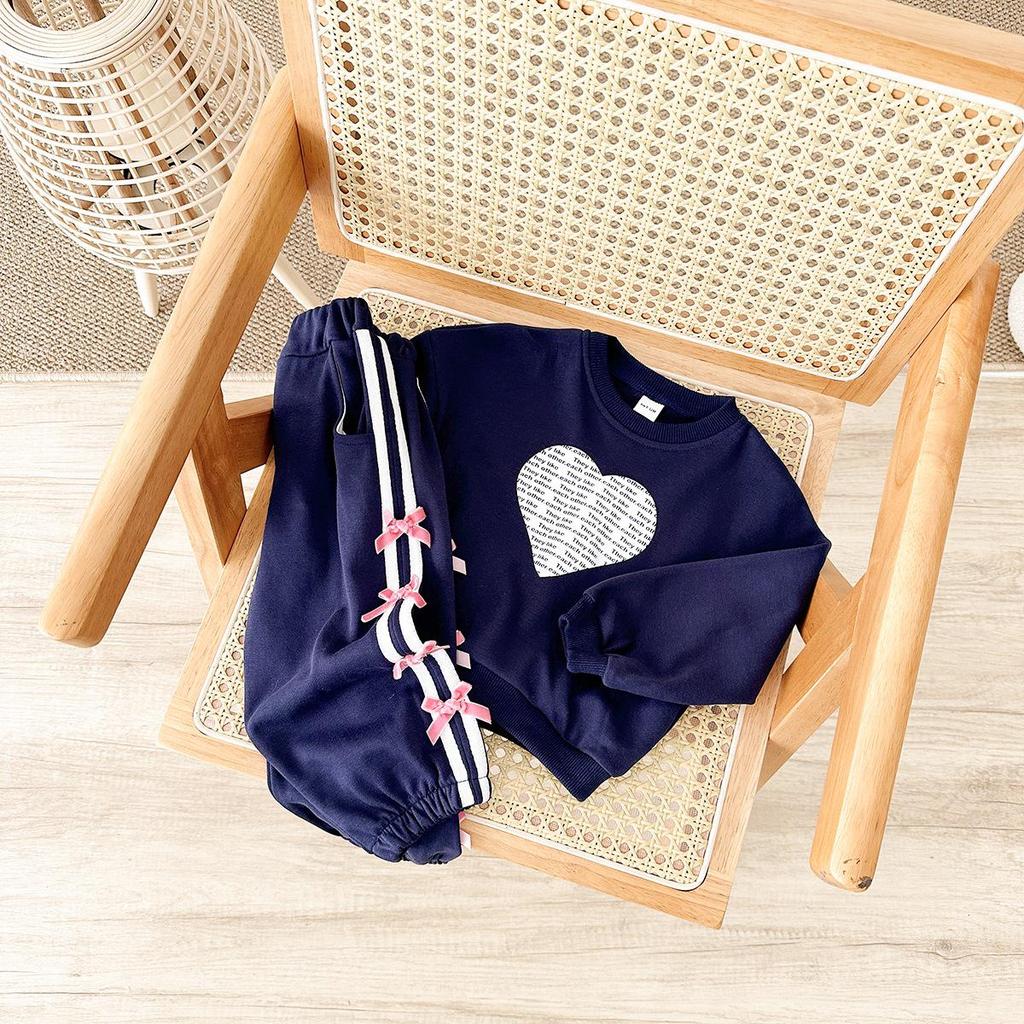 Children's Wear 2026 Spring/Autumn Heart Print Top & Bowknot Pants Girls' Set