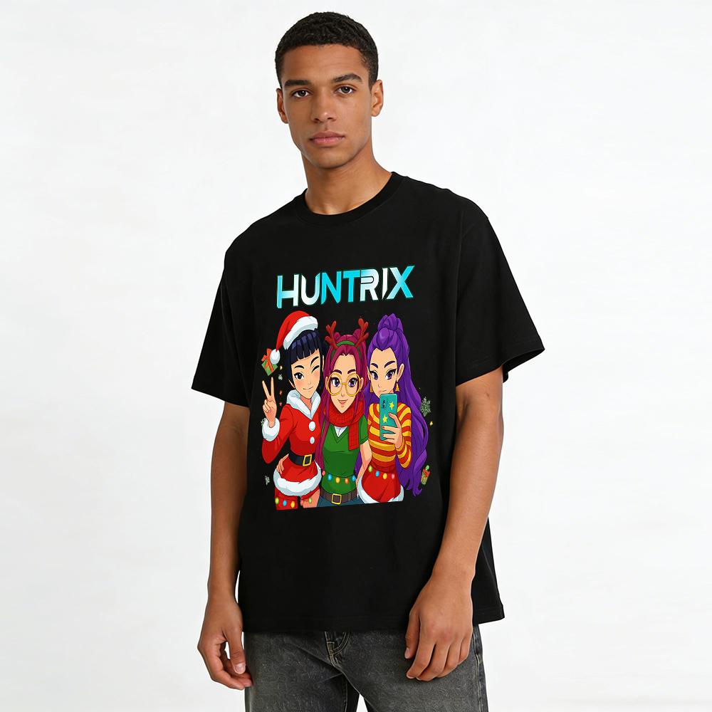 Weihnachtliches HUNTRIX Girlgroup Print Top Festliches Lässiges Rundhals Langarm T-Shirt für Damen Reines Baumwoll-T-Shirt