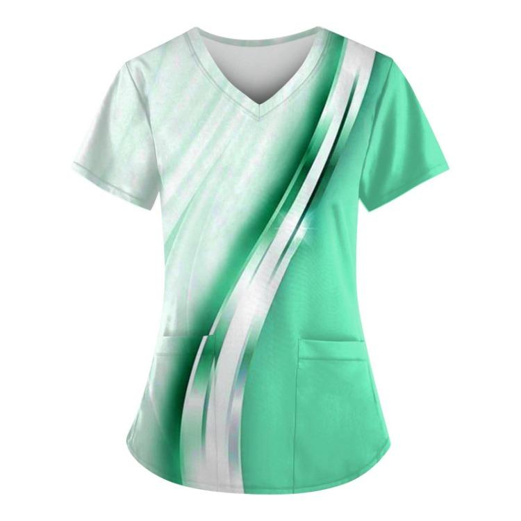 Plus Size Scrub Tops Women V Neck Short Sleeve Work Uniform Printed Tee With Pockets Fun T Shirts Workwear