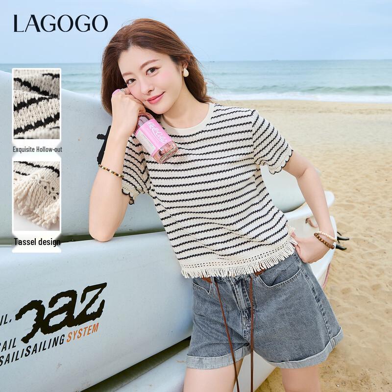 LAGOGO Women s Tassel Striped Blouse S
