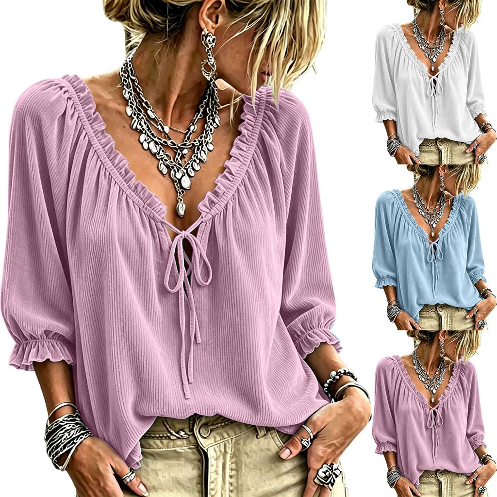 Women's Corduroy V-Neck Long Sleeve Top with Tie Front and Ruffle Trim