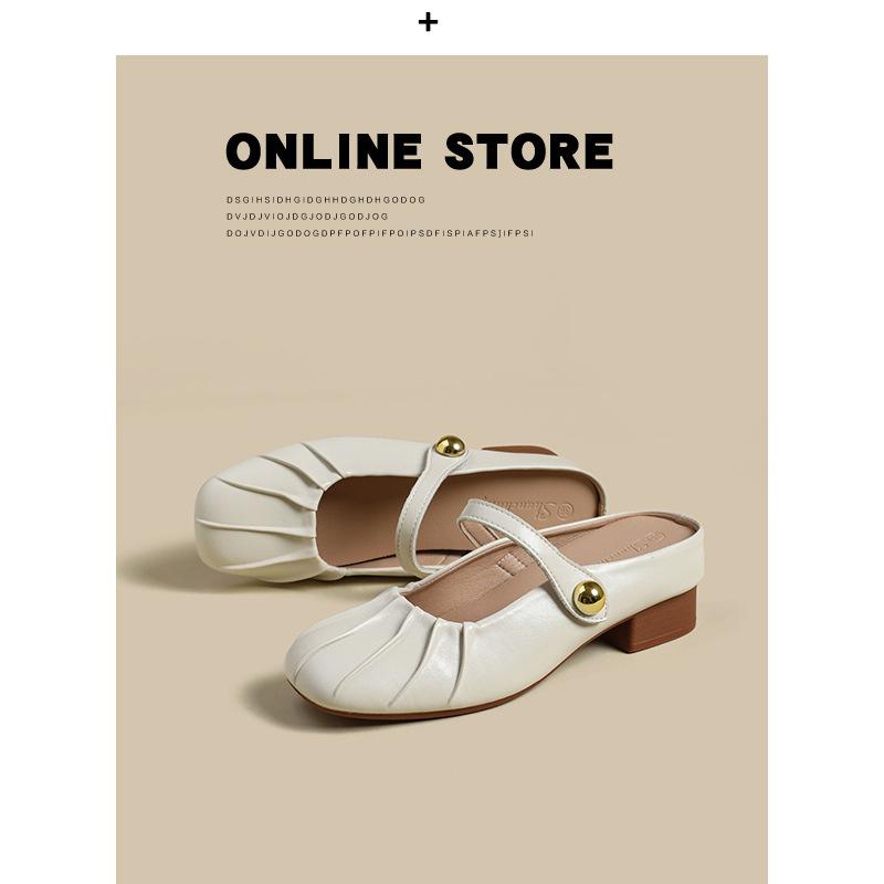 Khaki bag head half slippers women wear gentle Mary Jane women's shoes small size 33 half tray inner height increase