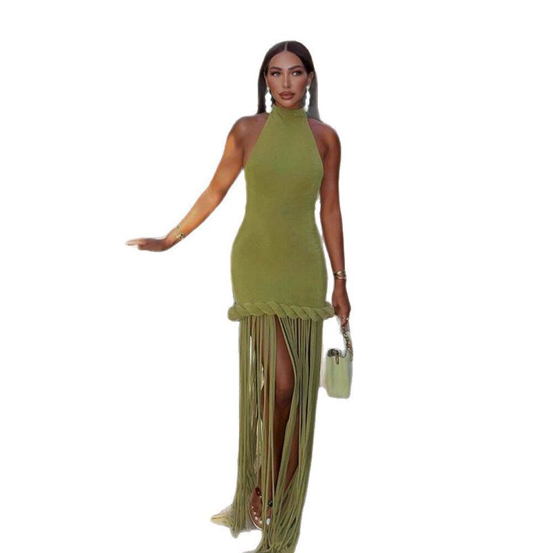Niche Designer Dress with Tassel Hem and Halter Neck, Backless Dress, 2025 Autumn New Model, Cross-Border European and American Style