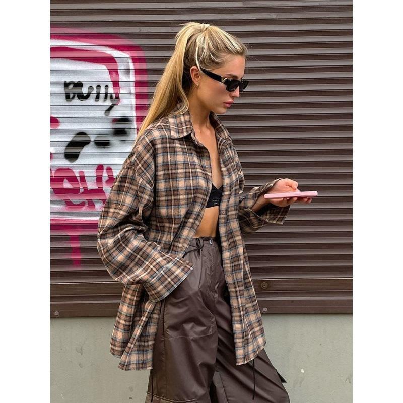 Summer Retro Plaid Shirt Women's Long Design Sense Bottoming Plaid Shirt Loose AK1071