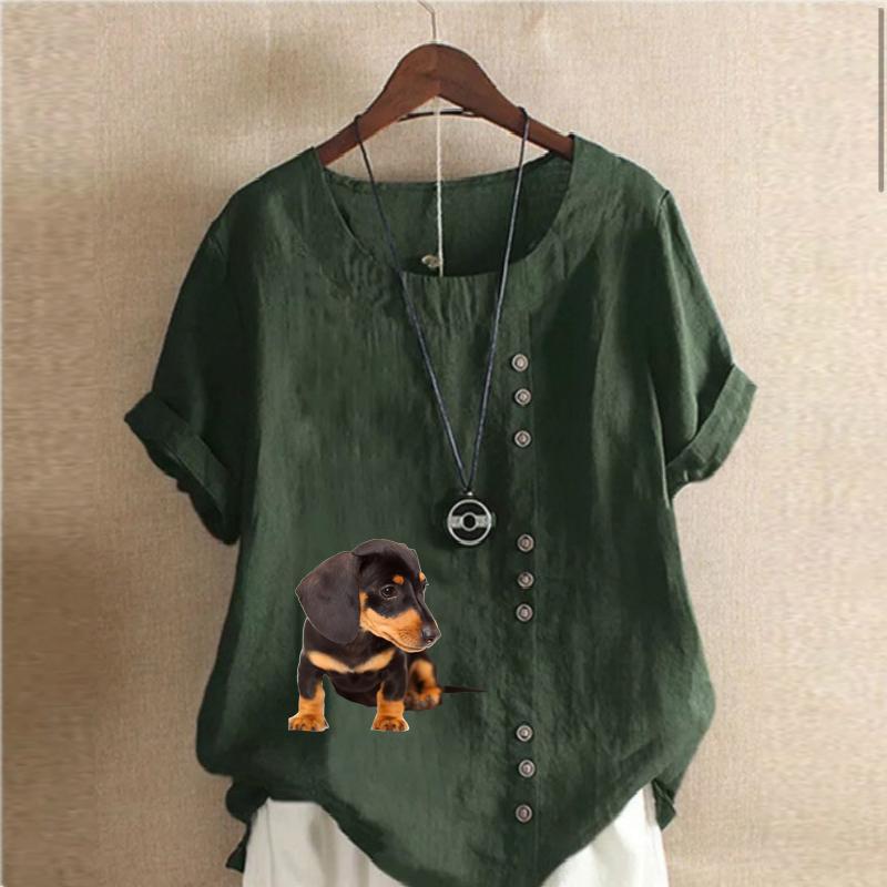 Women's New Fashion Linen Shirt Round Neck Short Sleeve Dog Printed T-shirt Summer Ladies Casual Plus Size Blouse Tops