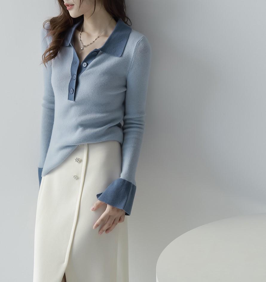MZOXOM Women s Color Block Polo Collar Sweater - High-End Pullover Knitwear One Size