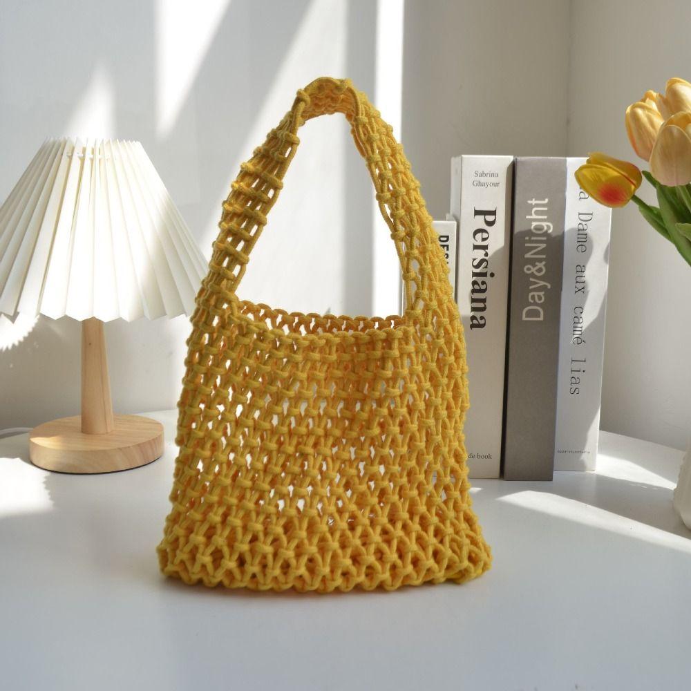 

Versatile Knitted Handbag Handmade Hollowout Woven One-shoulder Pouch Colorful Cotton Rope Large Capacity Mommy Bag