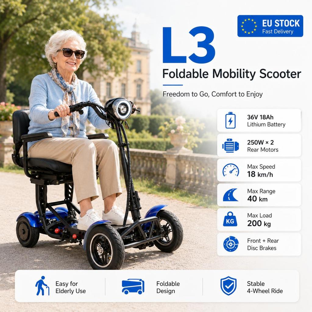 SUNNIGOO L3 Scooter Elettrico a 4 Ruote 500W36V18Ah Scooter Pieghevole Con Funzione di Retromarcia Adatto per Anziani