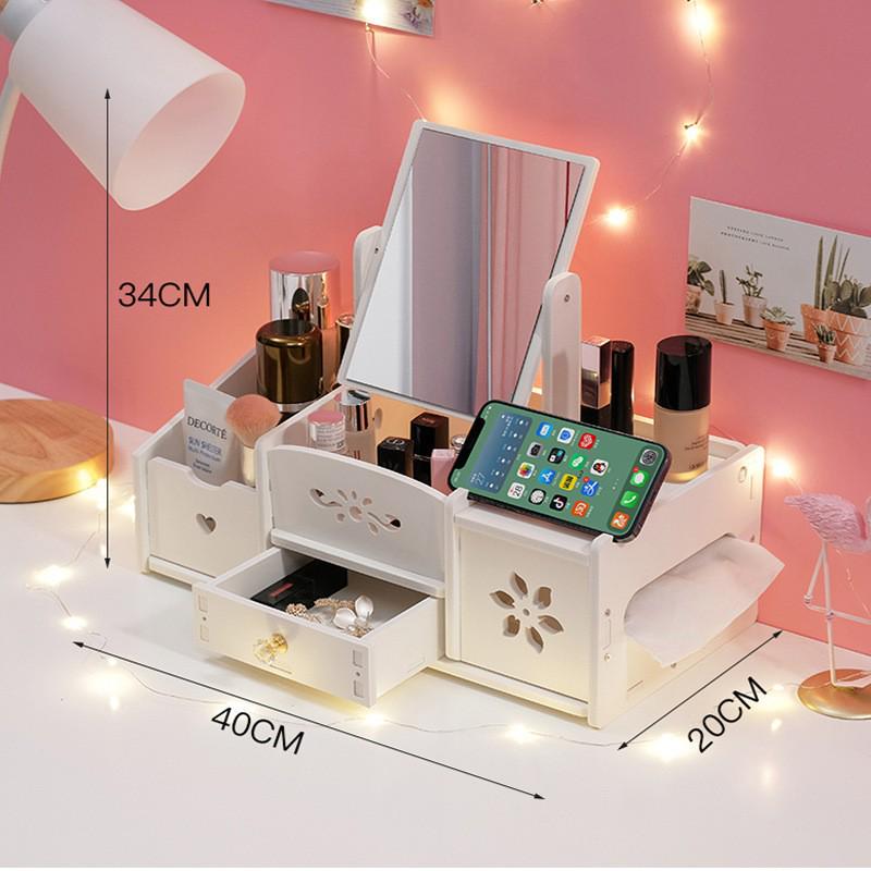 Zrcátko na make-up na stůl s velkou kapacitou a úložný box na kosmetiku se zásuvkami na rtěnky, šperky a péči o pleť