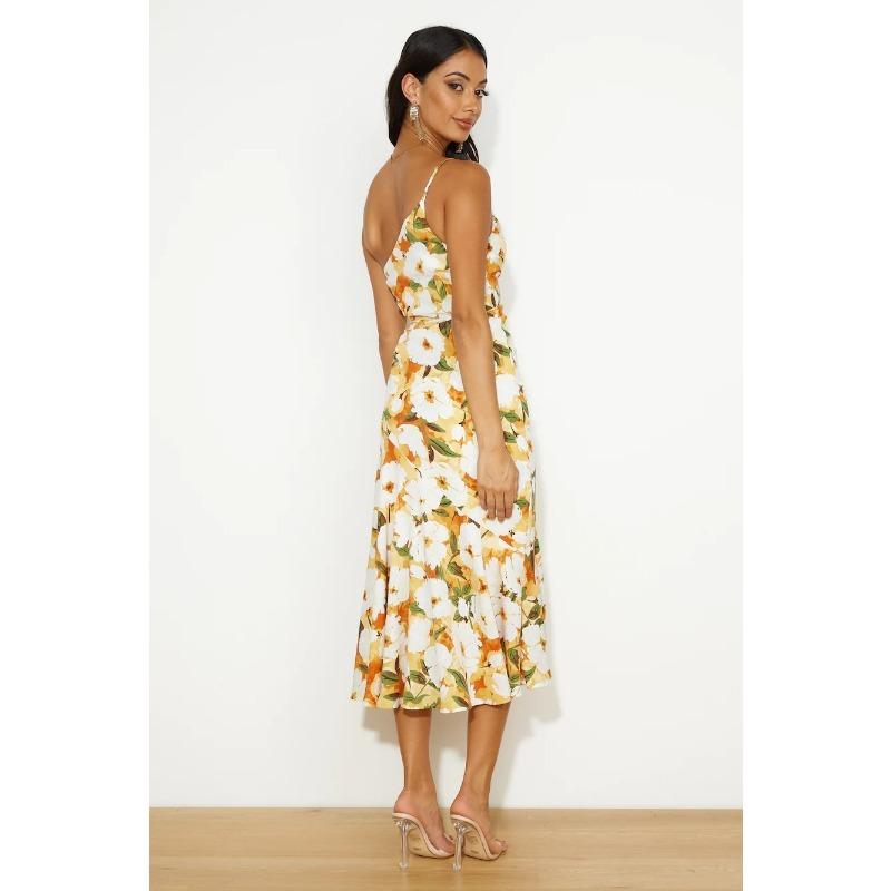 VEZFAA Women's Fashion Summer Spring Flower Pattern Print Sleeveless Oblique Collar High Waist Casual Dresses