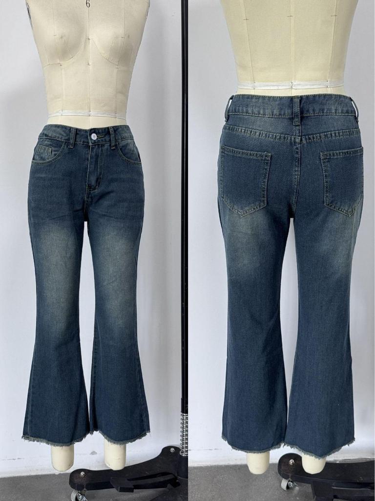 Retro Mid-Waist Micro-Flare Jeans with Frayed Hem