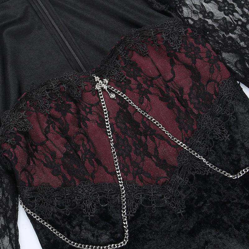 GMXIA Patchwork Dark Style Dress Sexy Slim-fit Wrap Hip Slit Lace Sleeves Feature Skirt