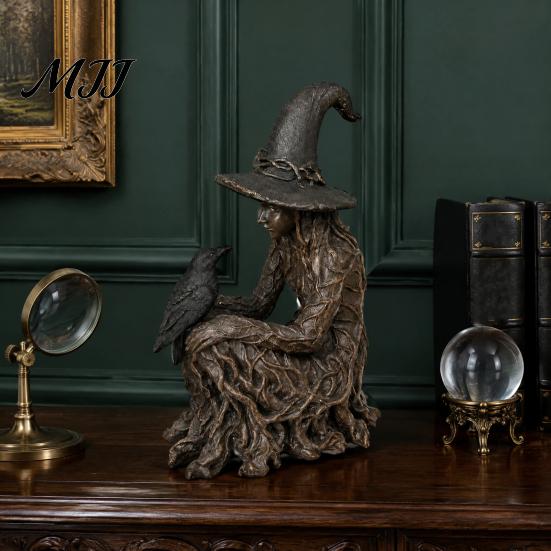 Crow Witch Sculpture Halloween Tree Statue, Gothic Resin Figurine, Fantasy Art Collectibles Dark Enchanting Ornament, Holiday Party Supplies