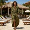 Maxi Shirt Dress for Women, V Neck Long Sleeve Ruffled Tie Waist Boho Long Dress, High Slit A-line Loose Flowy Dress with Pockets