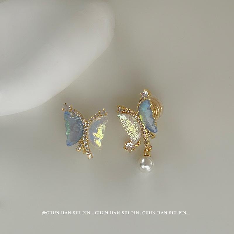 

Super fairy butterfly asymmetrical mosquito coil disc ear clips, colorful crystal earrings women s ins niche high-end spring and summer earrings