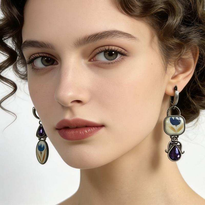 2Pcs Asymmetric Tulip Flower Dangle Earrings Vintage Silver Tone Enamel Drop Earrings For Women Bohemian Party Jewelry