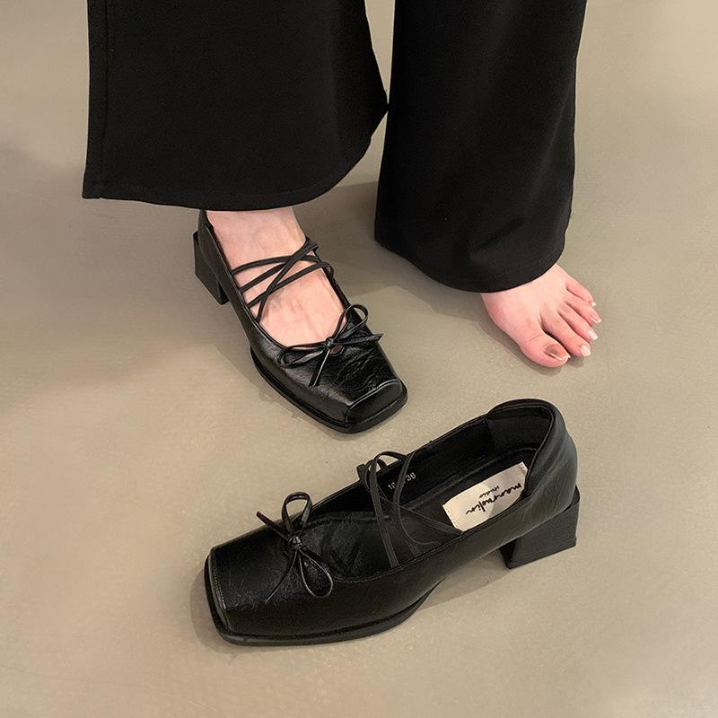 Square head ballet single shoes small leather shoes 2025 new bow light mouth thick heel Mary Jane shoes women