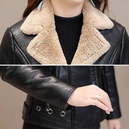 Fall Winter Women Jacket Thick Plush Faux Leather Solid Color Turn-down Collar Zip Up Zipper Pockets Long Sleeve Cardigan Warm Slim Fit Lady