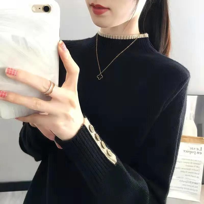 

Осень Зима Женские Свитера с Воротником Гольф Корейская Версия Новые Вязаные Свитера Топы Приталенные Женские Пуловеры Мягкий Теплый Пулл XS чёрный