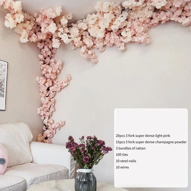 Artificial Cherry Tree Rattan Flower, Silk Wedding Background, Wall Decoration Flower, Home Decoration