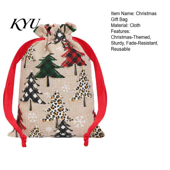 Small Fabric Gift Bags Christmas Tree Print Drawstring Bags, Faux Linen Xmas Treat Bag, Decorative Packaging Reusable Holiday Candy & Apple