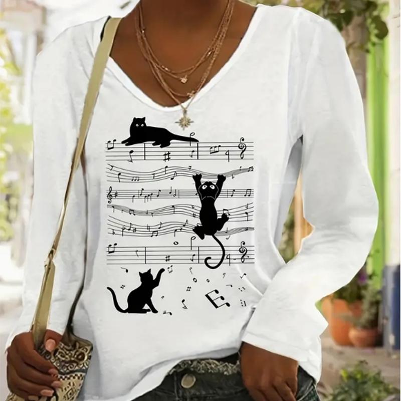 

Примечание Кошка Принт Женские футболки Женские топы Длинные рукава V-образный вырез Пуловер Femme Футболки Футболка для женщин XS белый