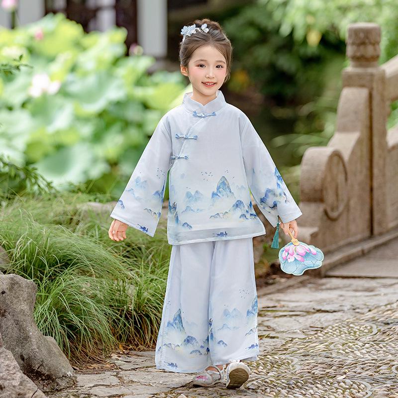 Kids' Chinese Hanfu Costume: Boys' Spring/Summer Long-Sleeve & Girls' Tang Suit Performance Set