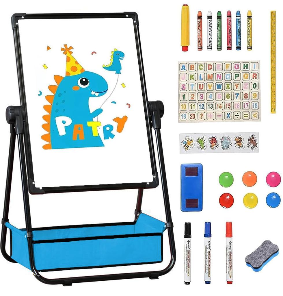 Children's Easel, Double-sided Blackboard and Whiteboard, Made of Iron, Foldable, 360 Degree Rotation, with Storage Basket, Height Adjustment Range