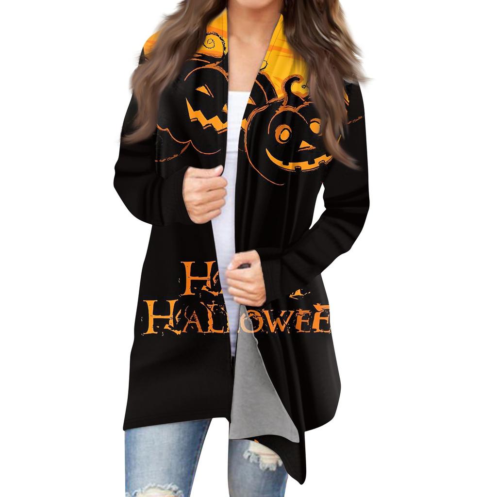 Moda damska Casual Halloweenowy nadruk średniej długości kardiganowy płaszcz