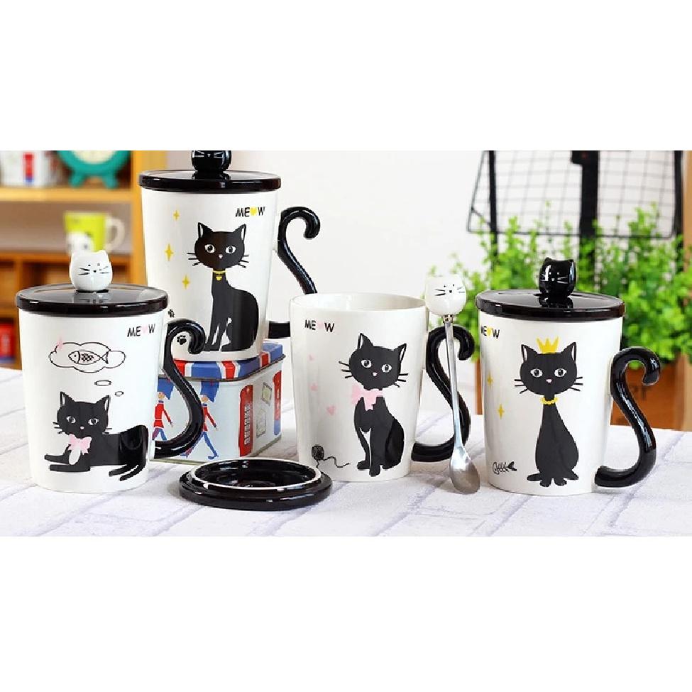 New Cat Tail Handle Mugs Cup Ceramic Coffee Tea Milk Drinkware with Spoon Cover Three in One Lovely Mug Gift