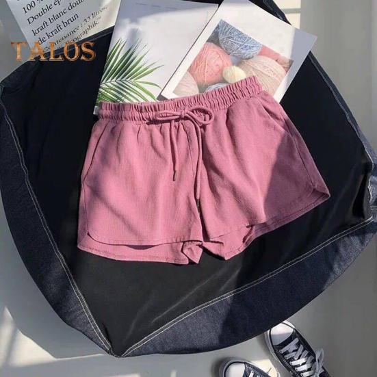 Women Casual Shorts Elastic Waistband Adjustable Drawstring Sport Shorts Solid Color Wide Leg Home Shorts