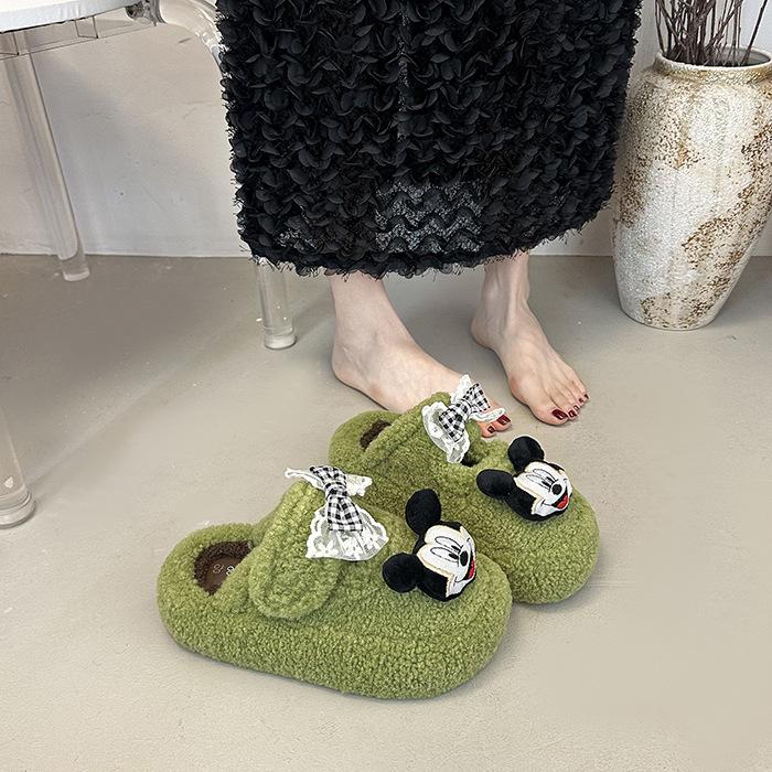 Cute Cartoon Mickey Non-slip and Versatile One-word Fluffy Slippers Women's 2025 Autumn and Winter New Thick-bottomed Warm Cotton Slippers