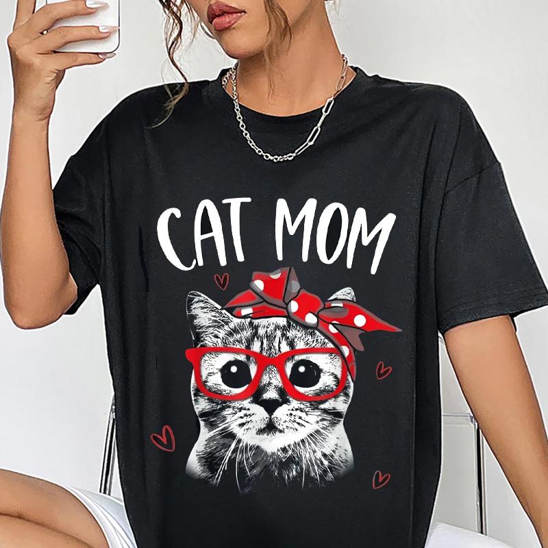 Vintage Cat Mom Graphic Womens Tee Round Neck Short Sleeve Tee for Pet Lover Casual Tops Gifts