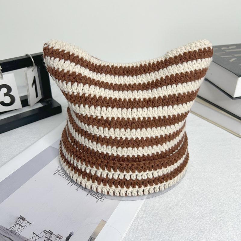 Autumn-Winter Striped Woolen Hat with Cute Cat Ears - Fashionable, Versatile Devil Design.