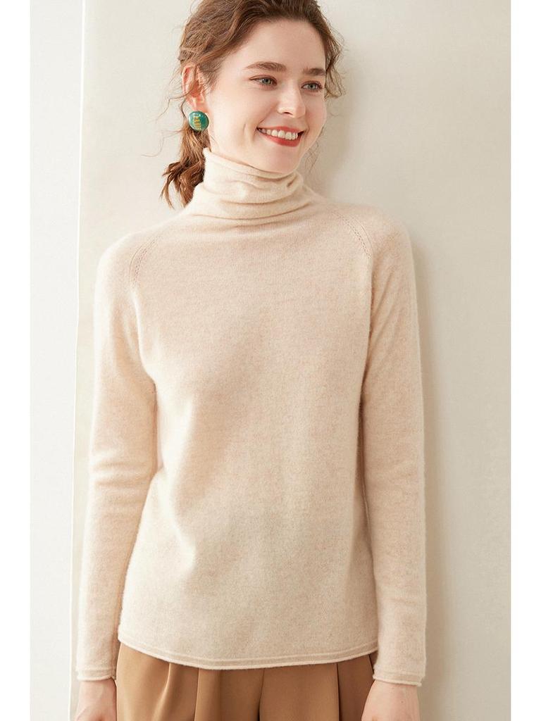 High-End Women's Loose Fit Cashmere Turtleneck Sweater with Rolled Edge