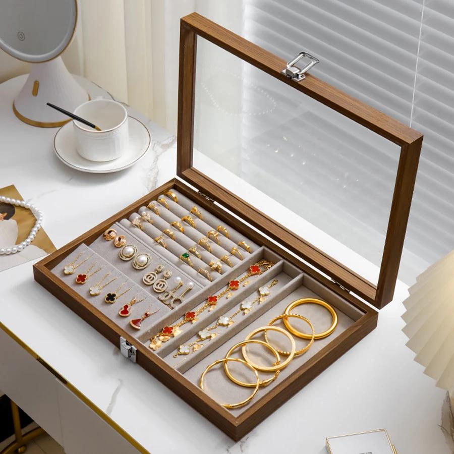 Vintage Wooden Jewelry Organizer Box - Dustproof Display Case For Rings, Necklaces, Earrings & Bracelets - Multipurpose Storage
