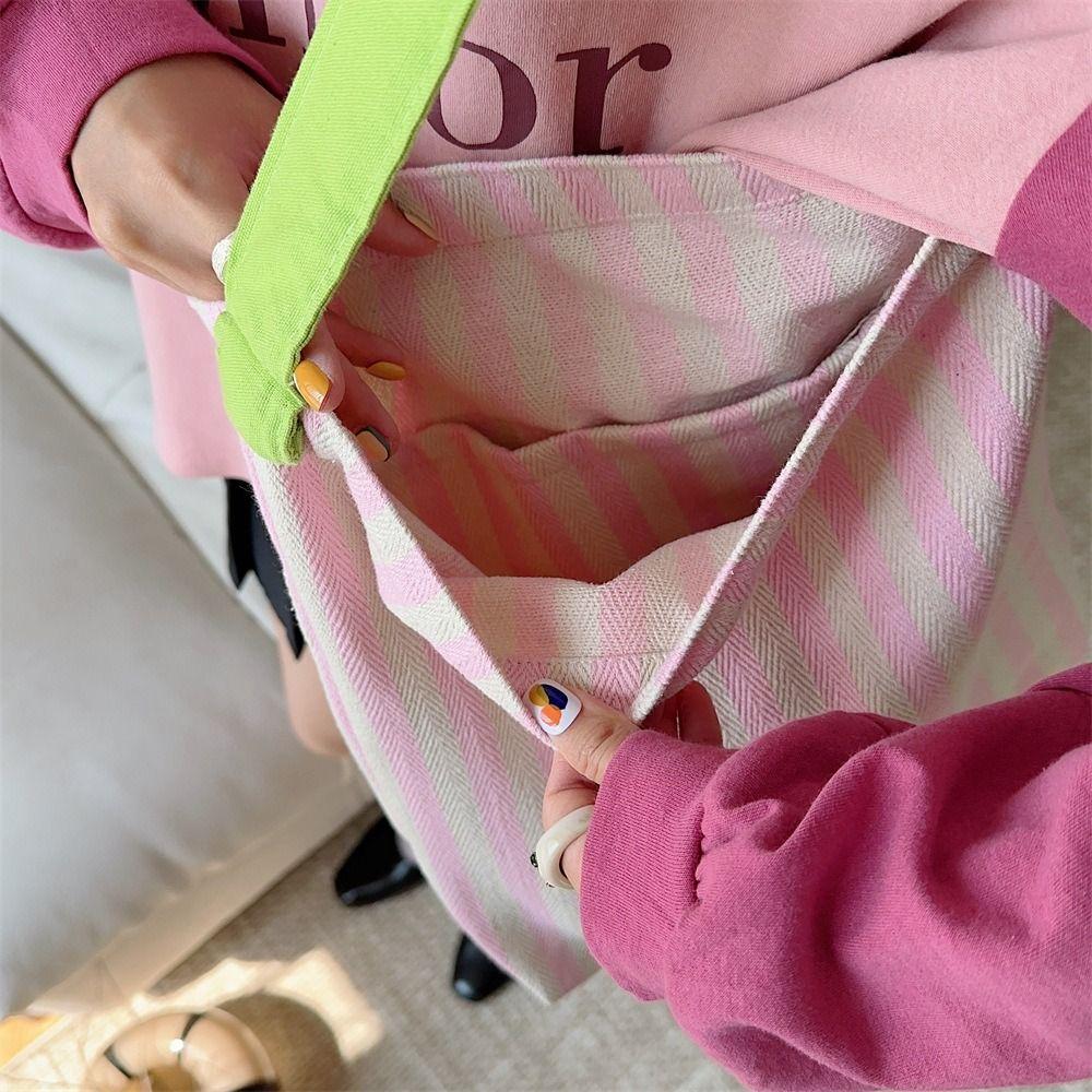 Large Capacity Stripe Canvas Bag Pleated Shoulder Strap Cloth Shoulder Bag Cute Tote Bag Women