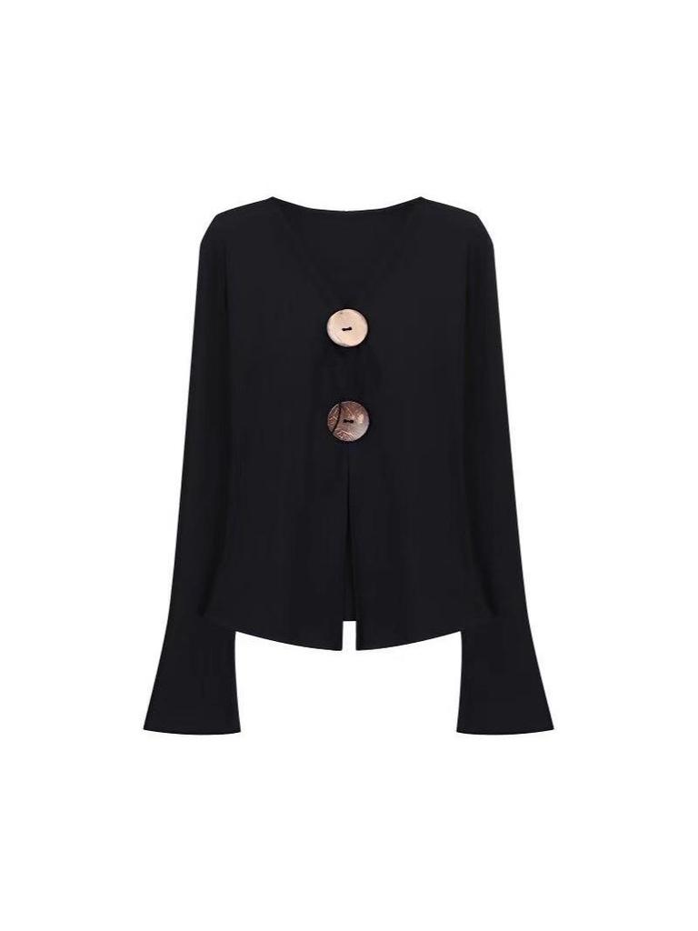 In Stock Women's Black V-Neck Slim Fit Long Sleeve T-Shirt Camisole Dress - Xiao Qi Qing Inspired by Dilireba Style