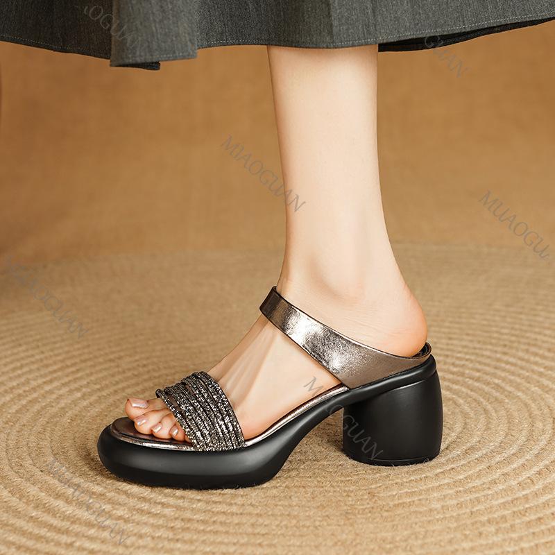 Fashion Rhinestone Sandals Summer Shoes for Women Outside Wear Open-toe Slippers Fashion Thick Bottom High Heels Soft Leather Sandales
