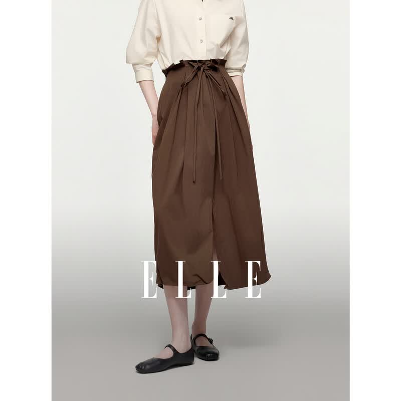 ELLE Retro High-Waist Lantern Petal Midi Skirt L кофейный