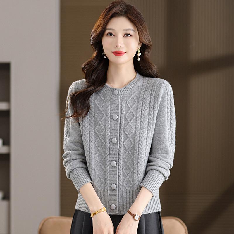 Damski dzianinowy kardigan z rombami i warkoczem – Wiosna/Jesień, Okrągły dekolt, Jednolity kolor, Luźny krój, Długi rękaw, Sweter płaszcz.