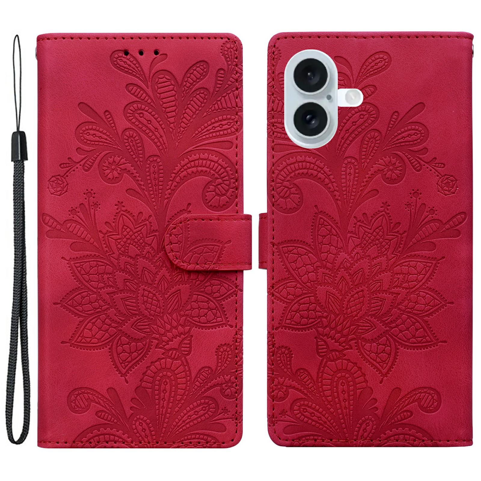 

For iPhone 16 Case Imprinted Lace Flowers PU Leather Wallet Phone Cover Red