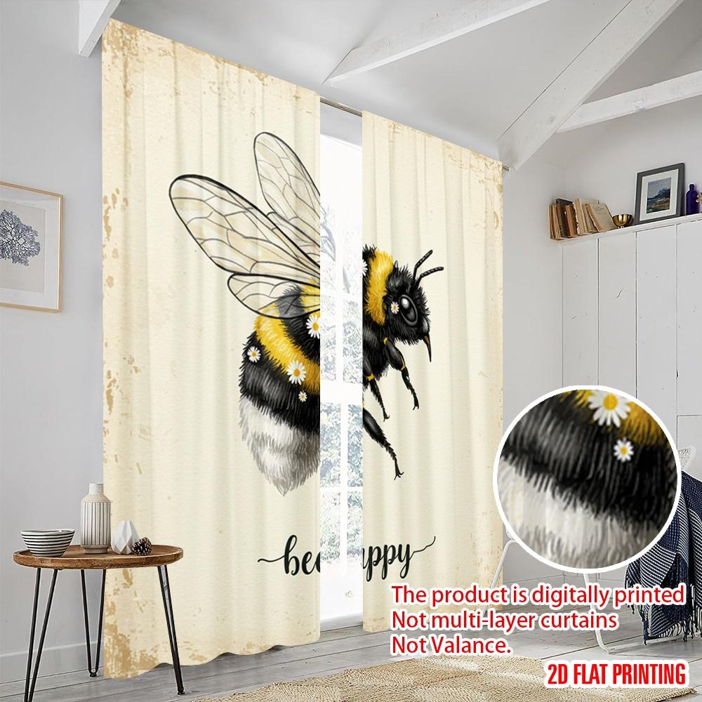 2pcs 2D Flat Printing Curtains Bumblebee Flower Happy 100% Polyester Without Electricity Party Decorations Perfect for Indoor