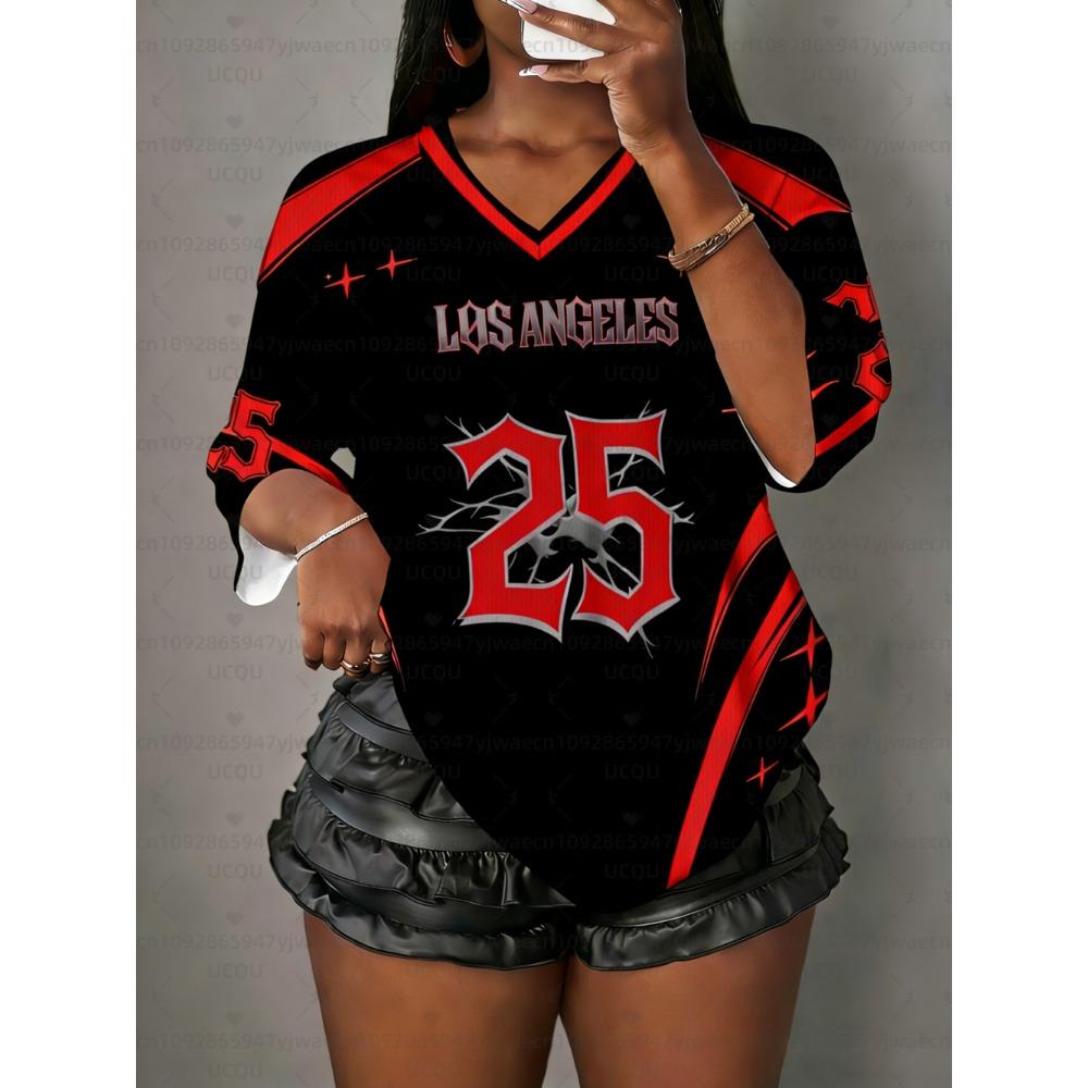 Women's Los Angeles NO.25 Print V-Neck Short Sleeve T-Shirt Summer Graphic Tee Baseball Jerseys Plus Size Sport T-Shirt