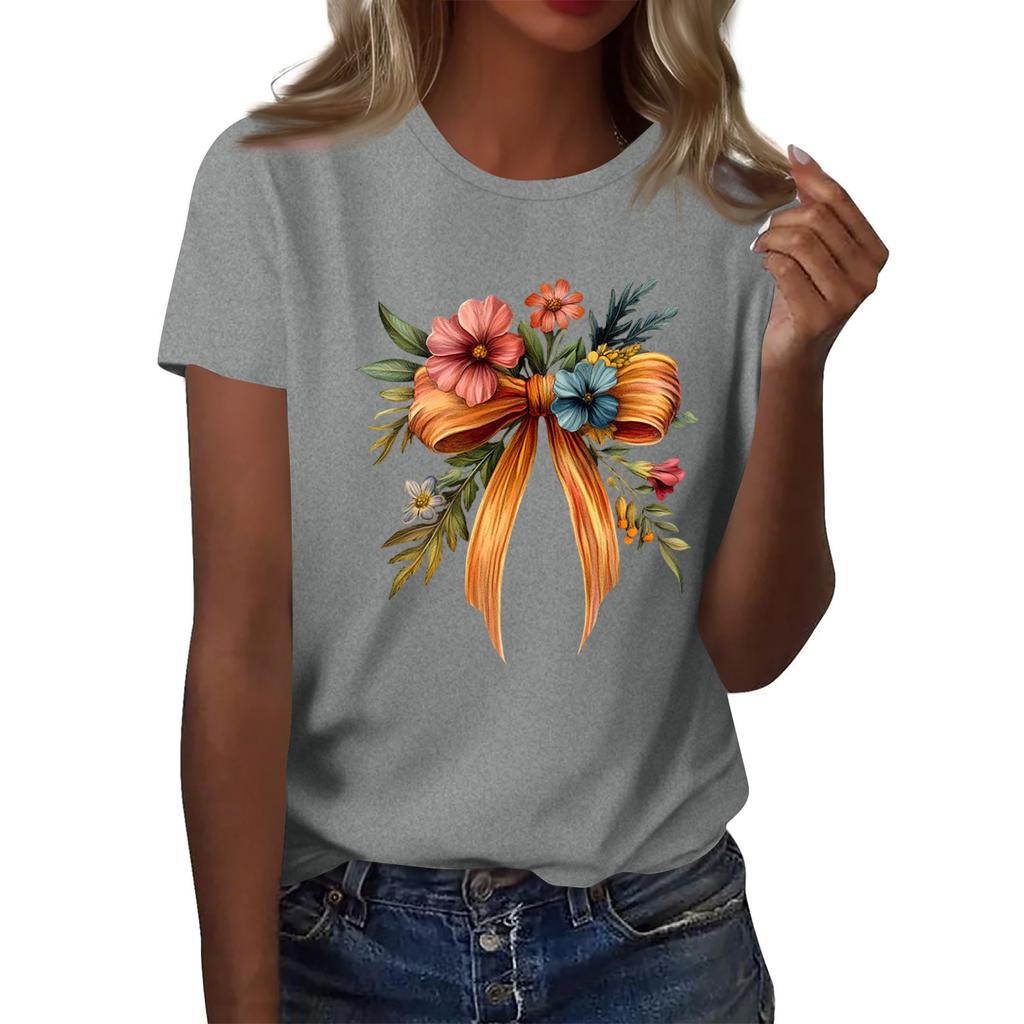 Dámská módní ležérní tištěná tričková halenka s kulatým výstřihem a krátkým rukávem Tričková halenka Halenka